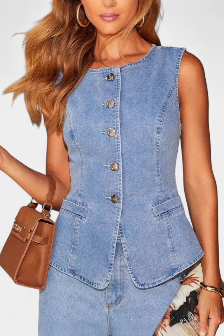 Ludovica denim komplet s přiléhavým sakem a širokými kalhotami