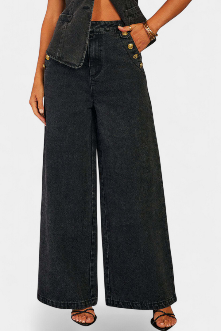 Ludovica denim komplet s přiléhavým sakem a širokými kalhotami