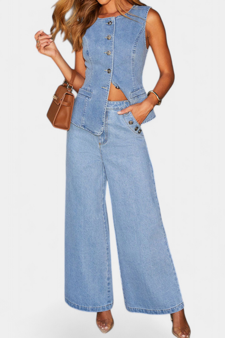 Ludovica denim komplet s přiléhavým sakem a širokými kalhotami