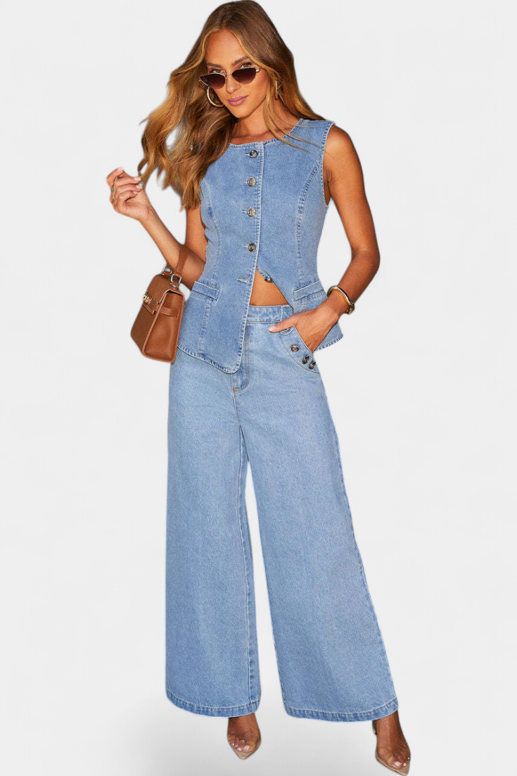 Ludovica denim komplet s přiléhavým sakem a širokými kalhotami