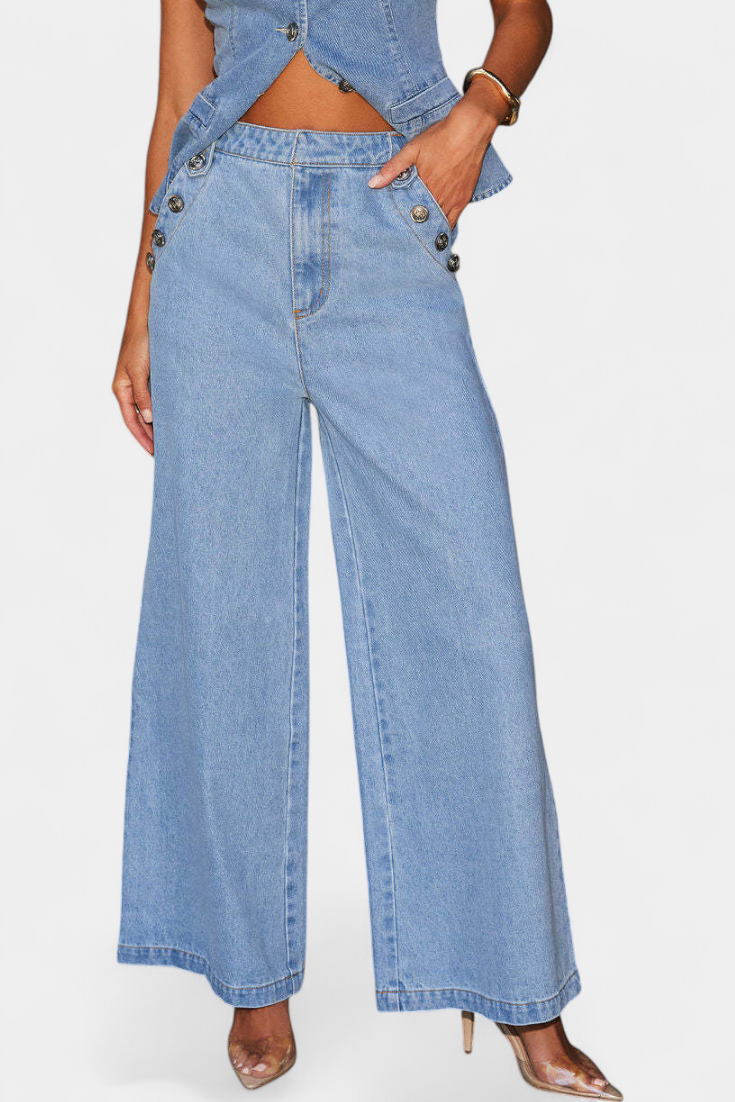 Ludovica denim komplet s přiléhavým sakem a širokými kalhotami