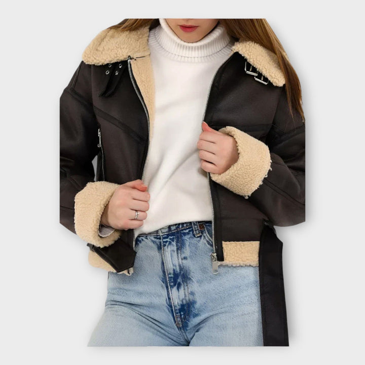 Modern leather jacket with lining and belt