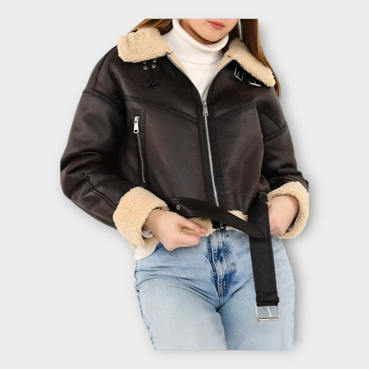 Modern leather jacket with lining and belt