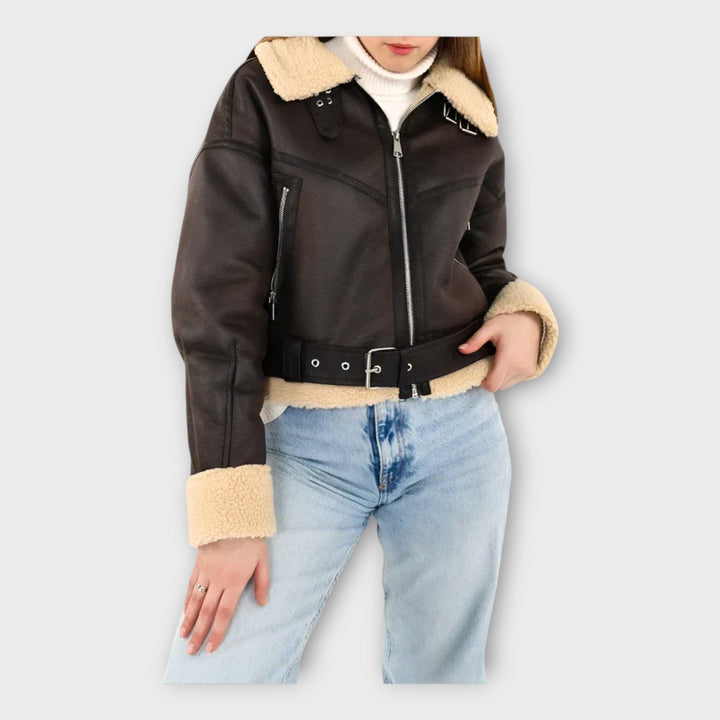 Modern leather jacket with lining and belt