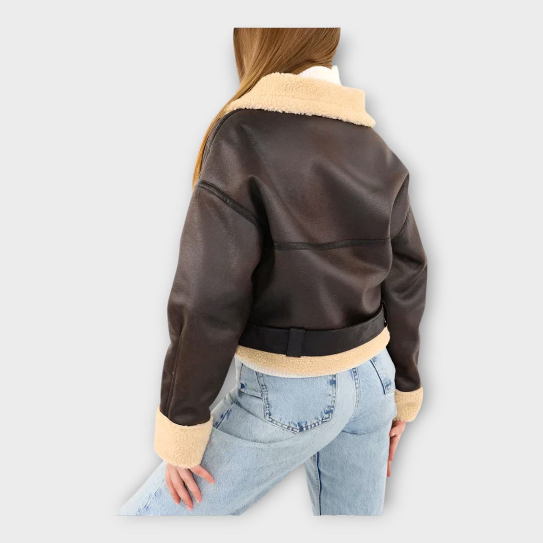 Modern leather jacket with lining and belt