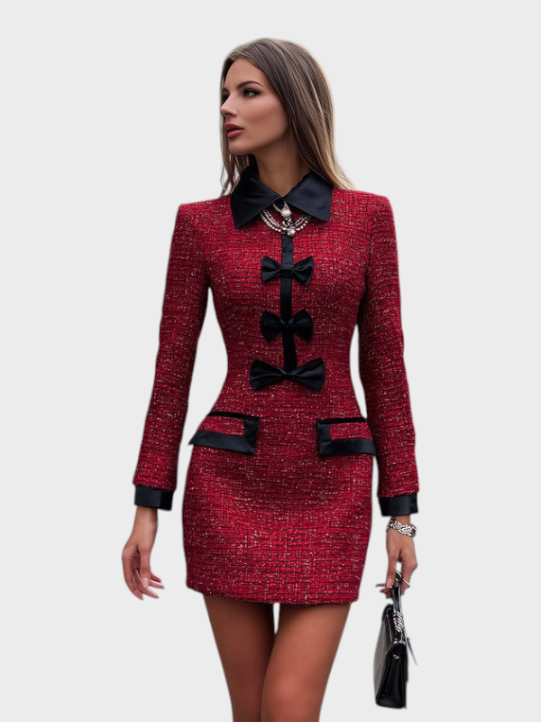 Cynthia Červené Tweed Šaty s Černými Akcenty