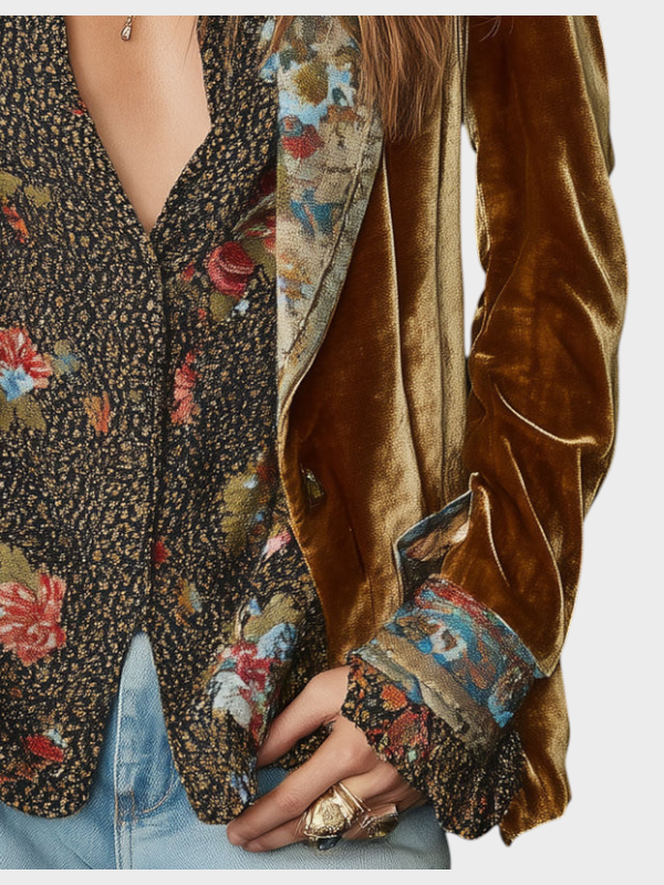 Kerstin | Vintage Polyester Sametový Květnový Tisk Sako