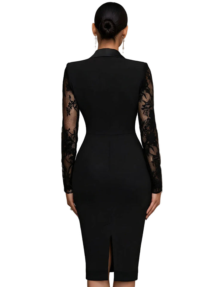 Camila - Elegantní Černé Midi Šaty ve Stylu Blazeru s Krajkou