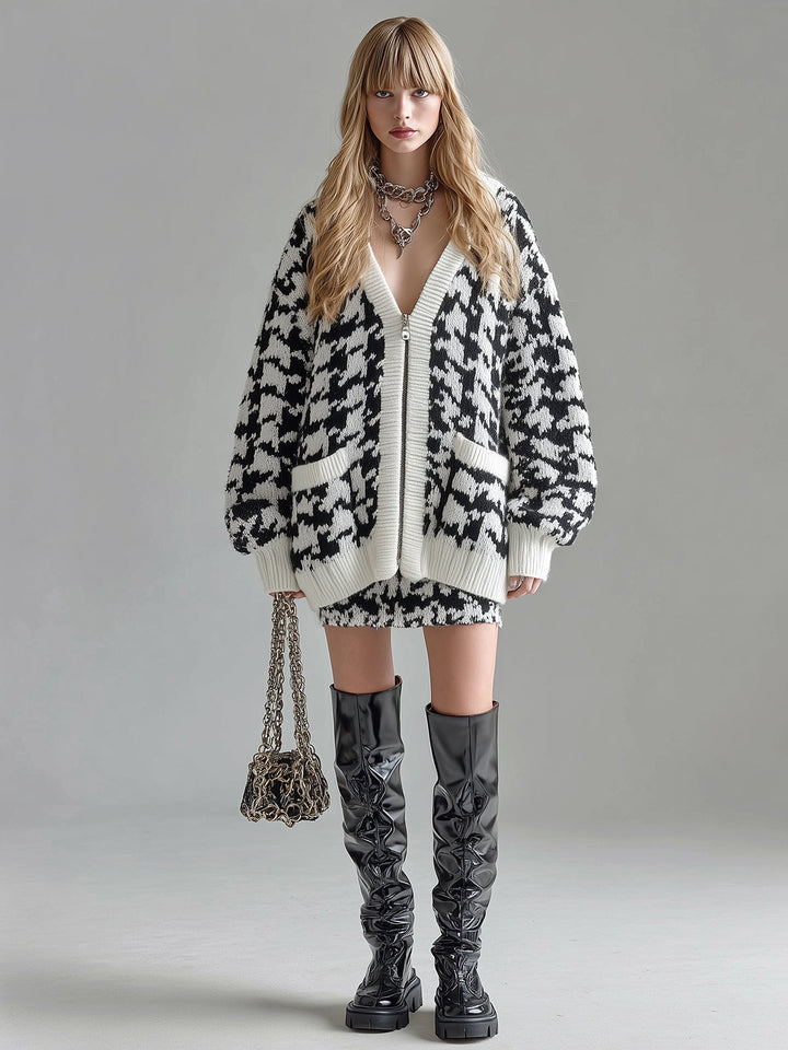 Ora | Každodenní elegantní svetr s V-výstřihem, jednobarevný, oversized, s dlouhými rukávy, pletený, s houndstooth vzorem