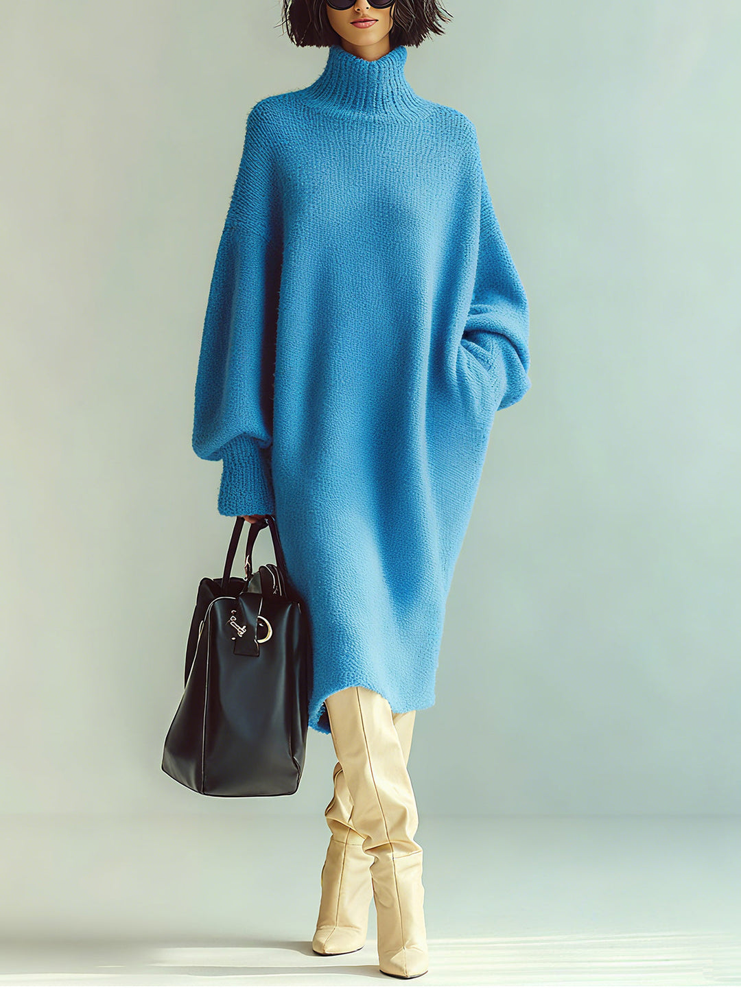Ohneia | Midi Šaty Červená Modrá Blůza s Dlouhými Rukávy Oversized