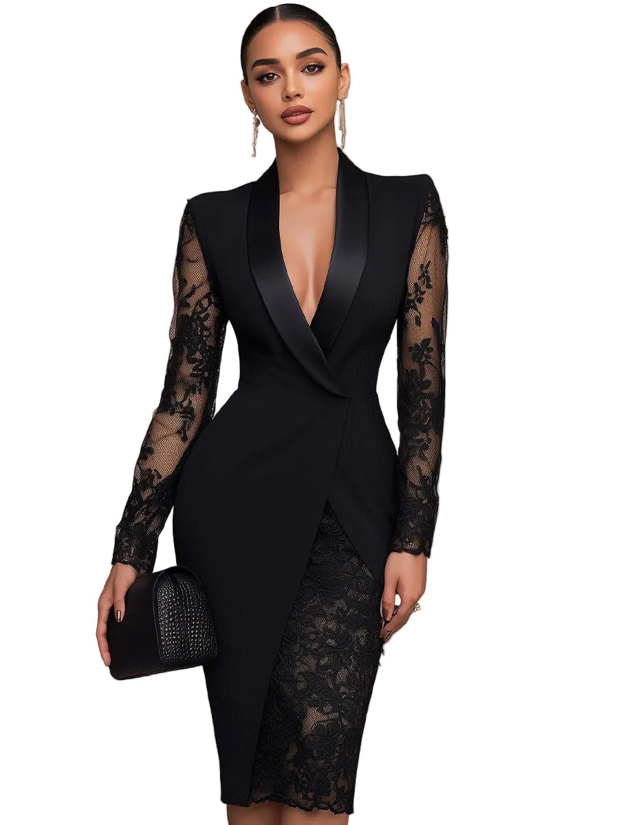 Camila - Elegantní Černé Midi Šaty ve Stylu Blazeru s Krajkou