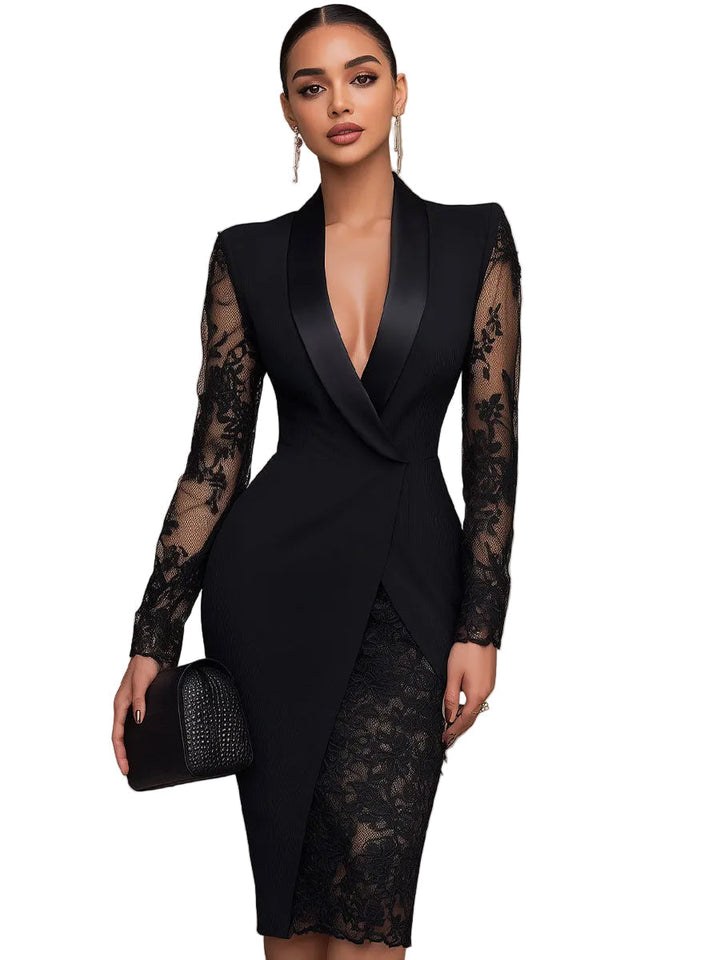 Camila - Elegantní Černé Midi Šaty ve Stylu Blazeru s Krajkou