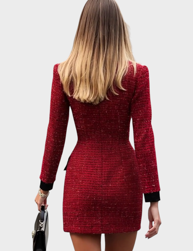 Cynthia Červené Tweed Šaty s Černými Akcenty