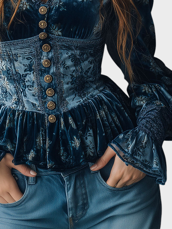 Marilena | Vintage Modrá Sametová Blůza s Květinami ve Stylu Korzetu