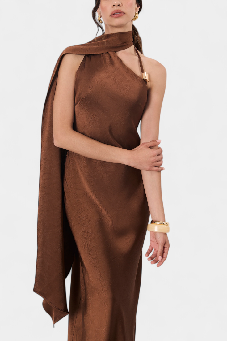 Robina Dlouhé Asymetrické Šaty v Bronzové Barvě