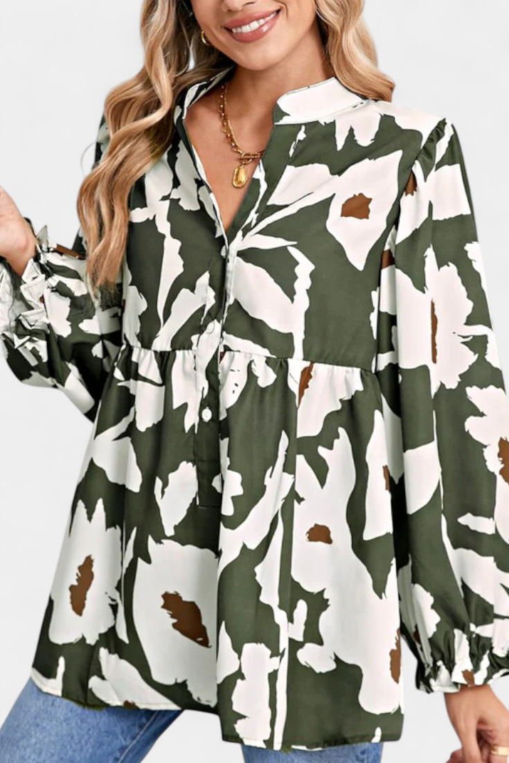 Blůza Filomena s polovičním zpevněním, puff rukávy a abstraktní květinový design